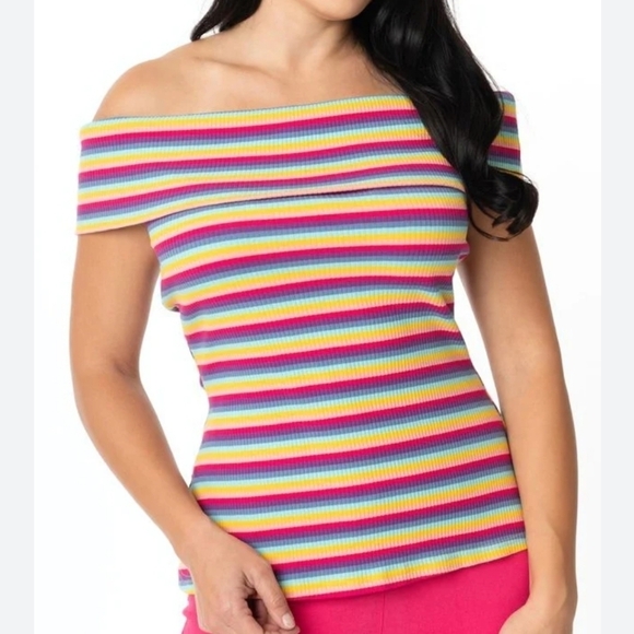 Unique Vintage Tops - NEW Unique Vintage Rainbow Colorful Striped Off the Shoulder Imogen Top 4x